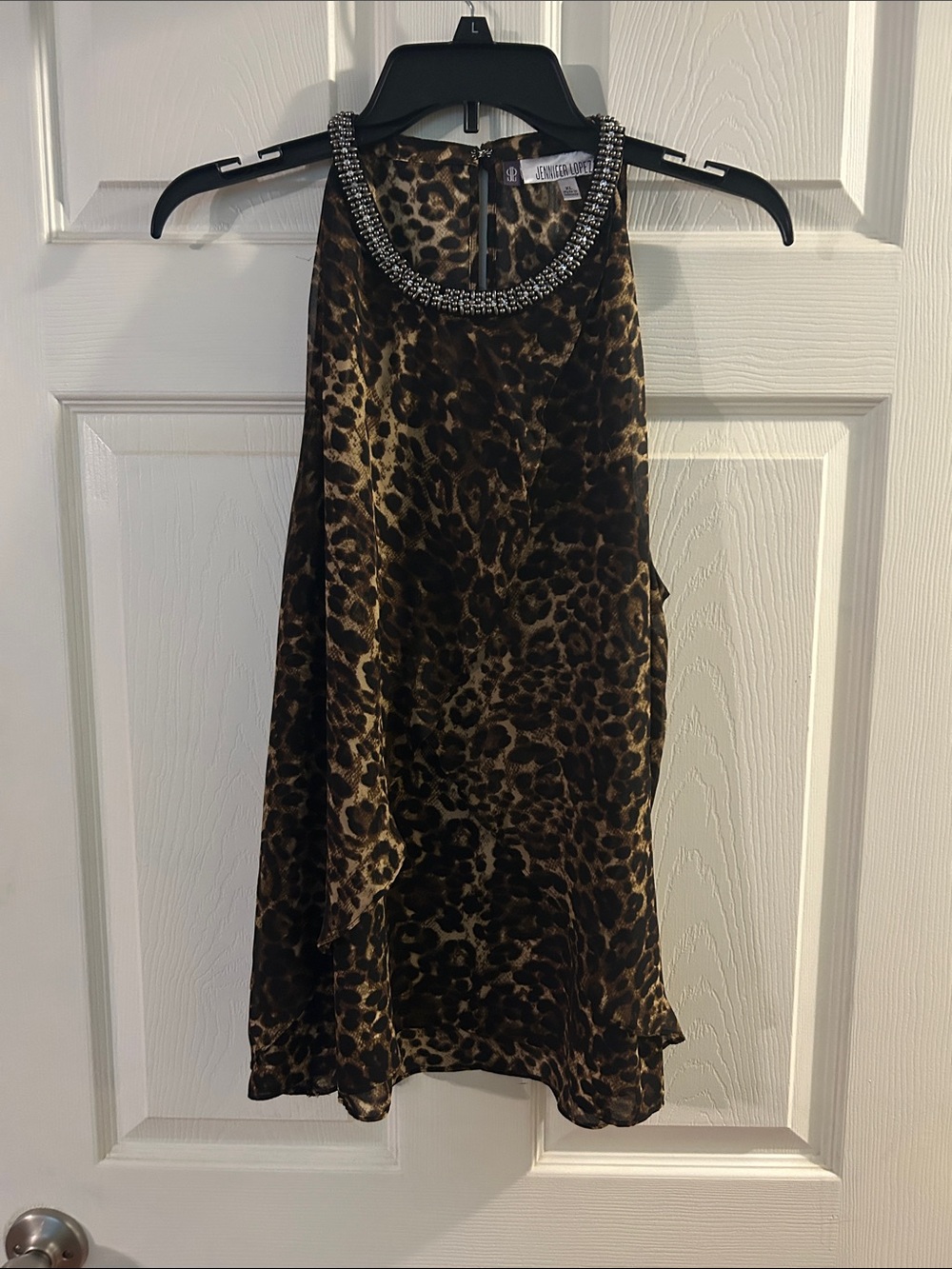 Jennifer Lopez Leopard Print Jewel-Neck Sleeveless Top - Brown/Black